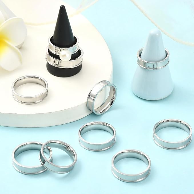 SUNNYCLUE 1 Box 6 Sizes 18Pcs Silver Inlay Rings Stainless Steel Rings Blank Kits Metal Round Empty Grooved Size 7-12 Finger Findings for Jewelry Making Crafts Necklace DIY Supplies Women Men Adults