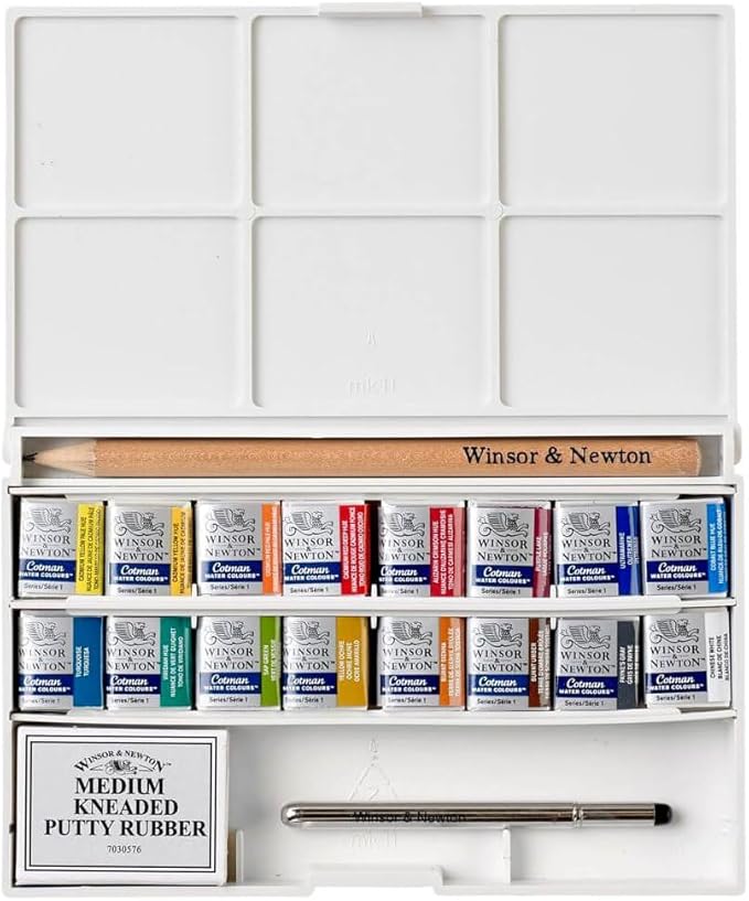Winsor & Newton Cotman Watercolor Paint Set, Complete Pocket Set, 16 Half Pan w/ Brush, Eraser, Mixing Palette