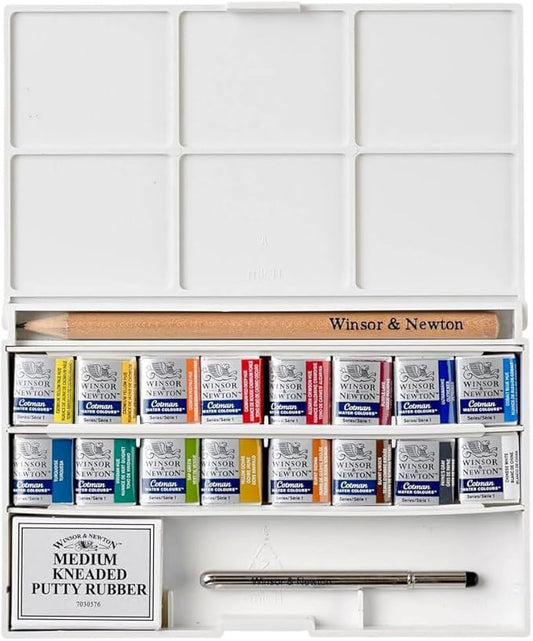 Winsor & Newton Cotman Watercolor Paint Set, Complete Pocket Set, 16 Half Pan w/ Brush, Eraser, Mixing Palette