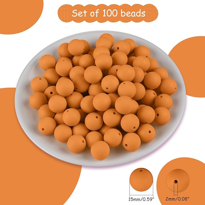ASTARON 100 Pcs 15mm Silicone Beads for Keychain Making, Ochre Yellow Round Rubber Beads Bulk for Bracelets Beadable Pens Decorations Crafts Supplies