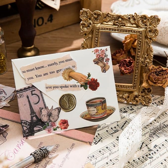50 Sheets Victorian Journaling Stickers and Collage Paper, Ephemera Book for Junk Journals Supplies, Scrapbooking, 30 Sheets Pre-Cut Washi Stickers, 20 Decorative Background Papers