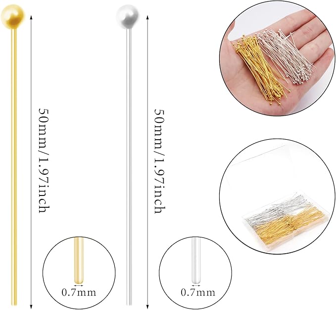 200 Pcs 50mm Straight Ball Pins for Craft Earring Bracelet Necklace Pendant DIY Jewelry Making, Silver & Gold Color