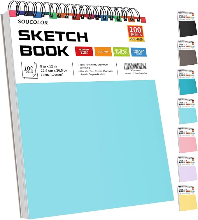 soucolor 9" x 12" spiral bound blank sketch notebook journal book- 1-pack 100 sheets acid-free 68lb/100gsm paper, art sketchbook for painting, doodling, journaling, kids, students, adults, beginners