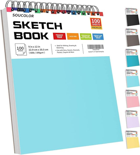 soucolor 9" x 12" spiral bound blank sketch notebook journal book- 1-pack 100 sheets acid-free 68lb/100gsm paper, art sketchbook for painting, doodling, journaling, kids, students, adults, beginners