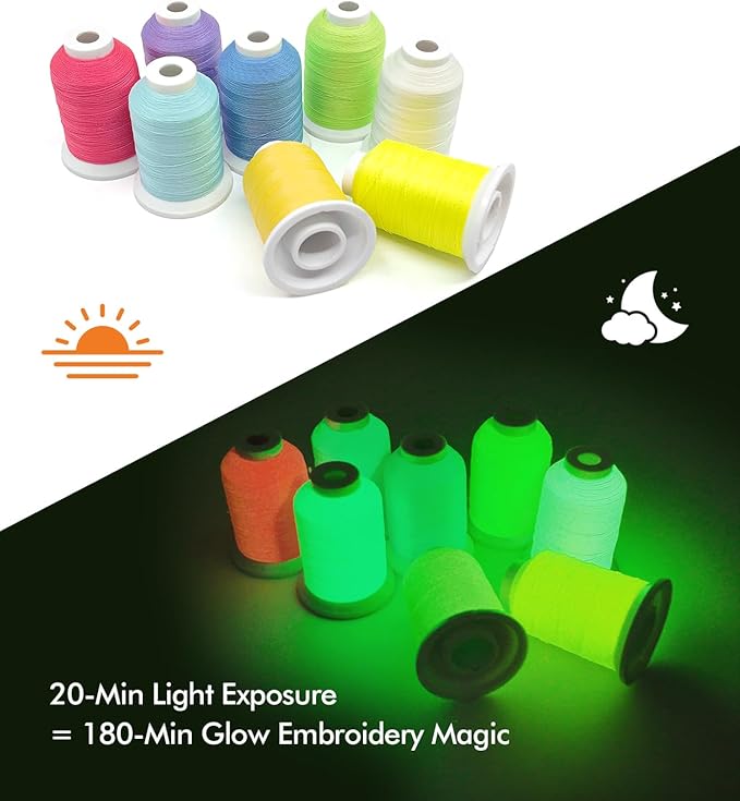 8 Colors Luminary Glow in The Dark Embroidery Machine Thread Kit, 30WT(150D/2), 500m/SP Glow in the Dark Thread for Embroidery, Quilting, Hand Crafts & Sewing