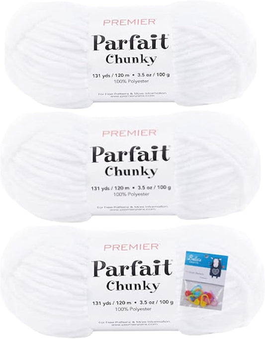 Premier Yarns Parfait Chunky Chenille 3.5 Oz 6 Super Bulky Weight 3 Pack Bundle with Bella's Stitch Place Holders (White)