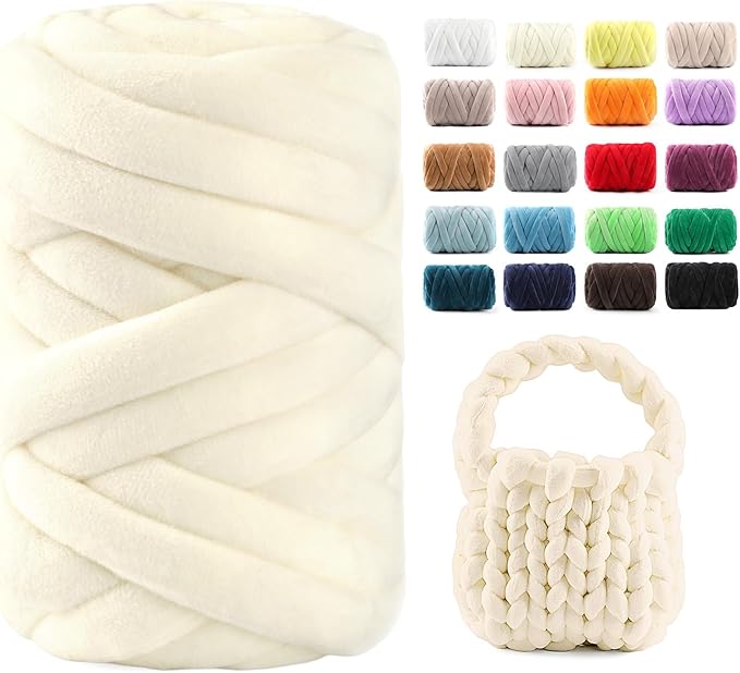 Chunky Yarn for Hand Knitting & Arm Knitting - 0.66lb Super Bulky Velvet Chenille Tube Yarn for DIY Pillows, Pet Beds, Baskets & Home Decor | No Tools Needed, Machine Washable, Milky White,1 Pack