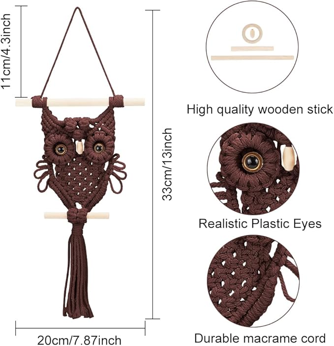ORIGACH DIY Macrame Owl Wall Hanging Tapestry Kit Brown Cotton Handmade Macrame Owl Kit Boho Macrame Wall Hanging Decor Woven Ornament Gift for Bedroom Living Room