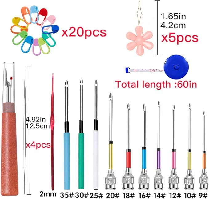Punch Needle, 43 Pieces Punch Needle Tool and Instructions - Punch Needle Embroidery Kit with Embroidery Tools, Seam Ripper, Threader and Thimble, Needle Punch Kits for Beginners