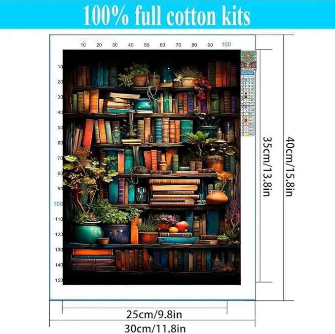 Tiwabb Stamped Cross Stitch Kits for Adults - Bookshelf Embroidery Kits for Beginners, 11 CT Patterns, 12 x 16 inch
