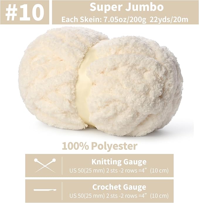 10 Pack Jumbo Chenille Yarn for Crocheting, #10 Super Bulky Baby Soft Yarn for Hand Knitting, 220 yds /70.5 oz Fluffy Chunky Knit Throw Blanket Yarn (Milky White)