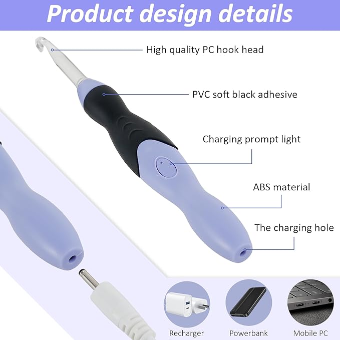 Abizarch Light Up Crochet Hook Set 11 Sizes Lighted Crochet Hooks with Case Interchangeable Heads 2.5 mm to 8 mm Rechargeable Crochet Hook DIY Crochet Hooks Set for Crocheting and Knitting