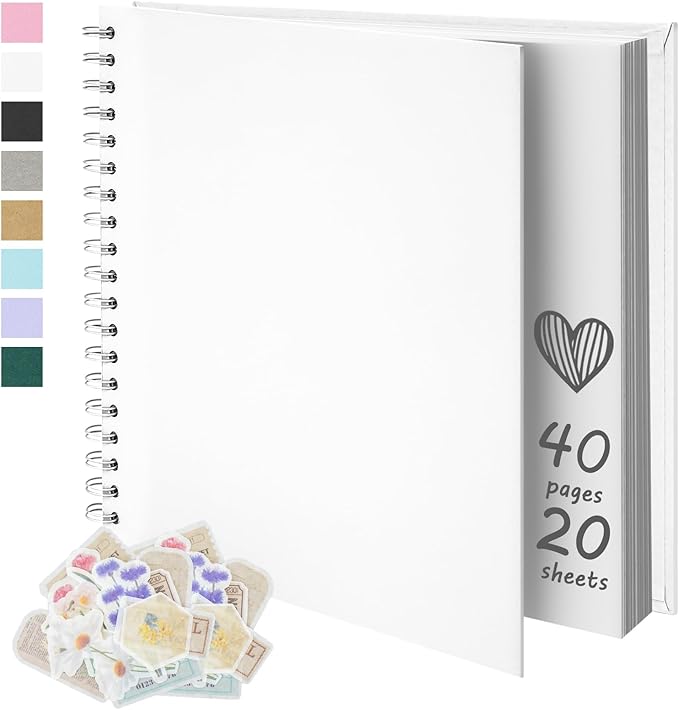 7X7 Inch DIY Scrapbook Photo Album, Kraft Blank Paper Scrap Book 40 Pages Memory Book for Wedding Family, White