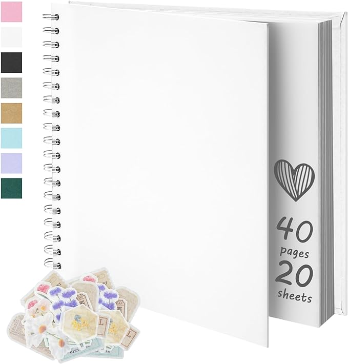 8X8 Inch DIY Scrapbook Photo Album, Kraft Blank Paper Scrap Book 40 Pages Memory Book for Wedding Family, White