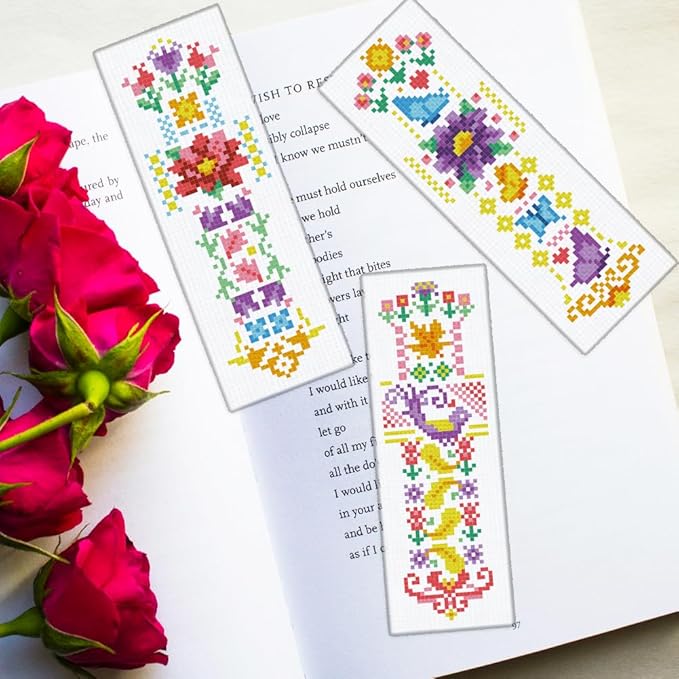 ORIGACH 6 Pcs Cross Stitch Bookmark Kit for Beginner Adults, Spring Flowers Stamped Embroidery Bookmark Kit with Instruction for Starters for Book Lovers