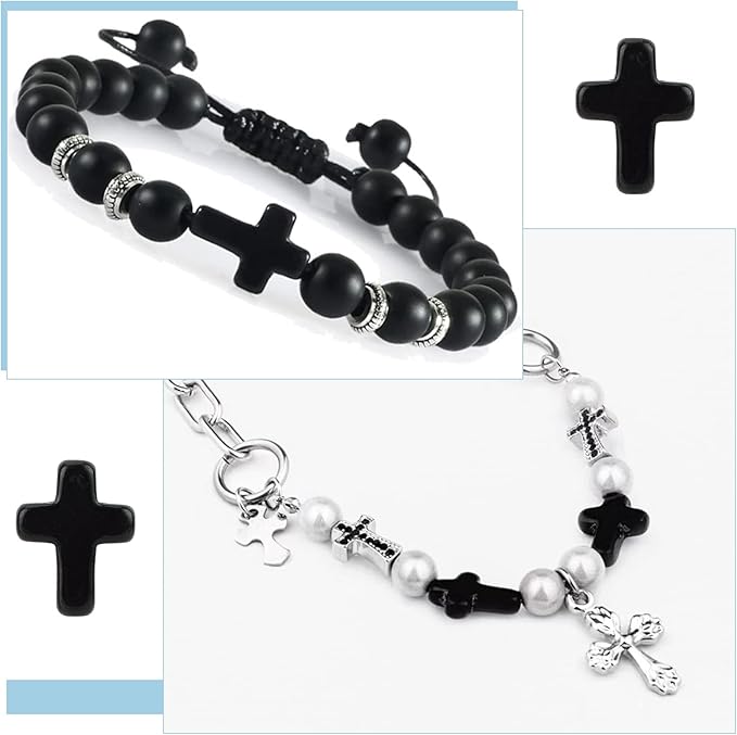 SUNNYCLUE 1 Box 40Pcs Black Cross Beads Easter Turquoise Cross Beads Bulk Mini Stone Gemstone Small Spacers for Jewelry Making Charms Rosary Beading Kit Bracelet Necklace Supplies Craft