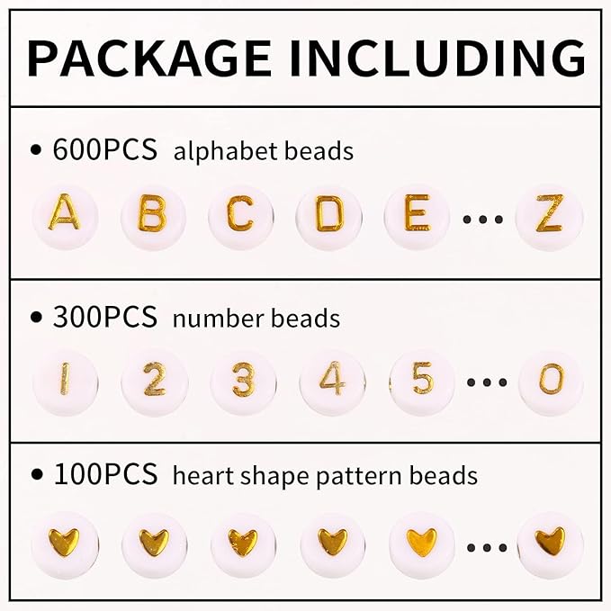 Yochus 1000pcs White Mixed Round Acrylic 4x7mm Gold Alphabet Number Heart Beads for Jewelry Making and DIY Bracelets