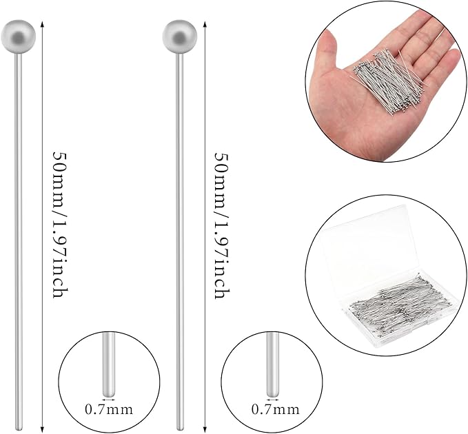 200 Pcs 50mm Straight Ball Pins for Craft Earring Bracelet Necklace Pendant DIY Jewelry Making, Platinum Color