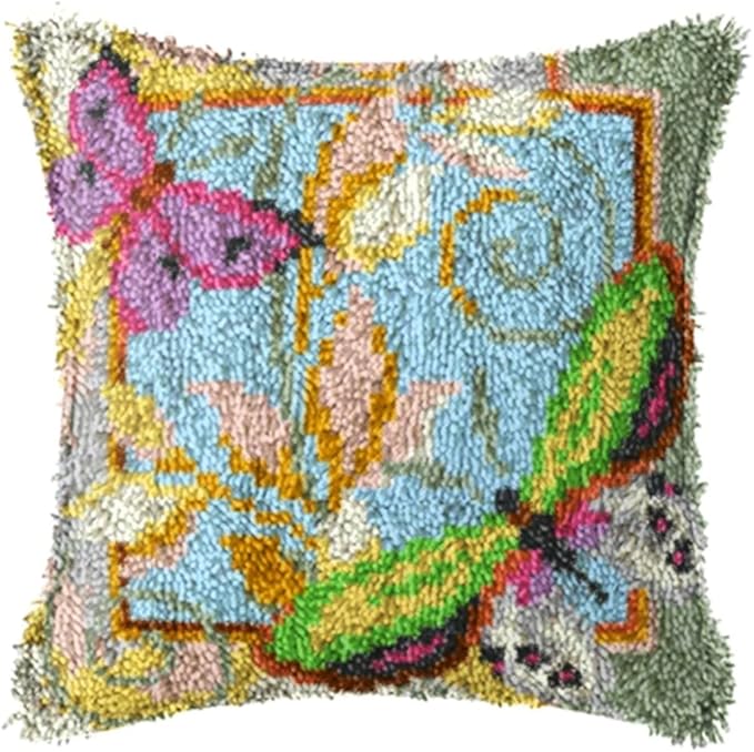 LAPATAIN Latch Hook Kits for DIY Throw Pillow Cover,Two Dragonflies Needlework Cushion Cover Hand Craft Crochet 17x17inch