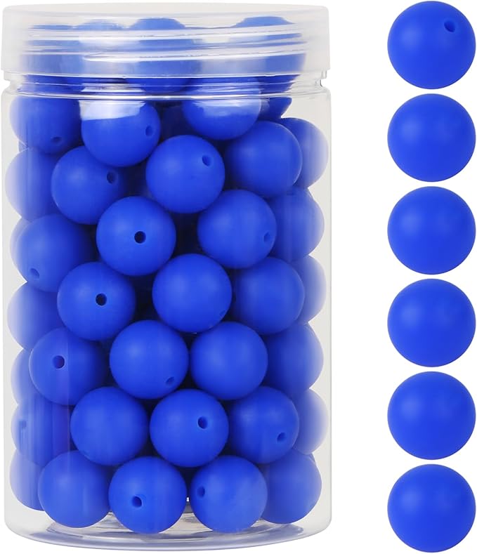 110 Pcs Silicone Focal Beads, EVERMARKET 15mm Silicone Beads for Keychain Making, Round Silicone Beads Bulk with Bottle, Rubber Loose Beads for Pens Crafts Necklace Bracelet Lanyard (Royal Blue)