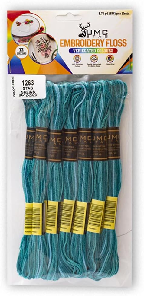 Pack of 12 Premium Embroidery Thread | 100% Egyptian Cotton Premium Skeins | Cross Stitch Embroidery Floss | Oeko TEX Certified | Ideal for Arts & Crafts (Teal Blue Variegated 1263)