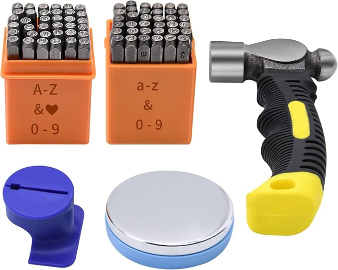74pcs Metal Stamping Kit, DkOvn Complete Jewelry Making Stamping Tools with 1/8" (3mm) Font Uppercase & Lowercase Letter and Number Punch, Metal Stamping Jig, Hammer and Steel Bench Block