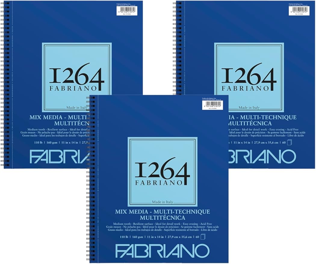 Fabriano 1264 Mixed Media Pad, 11" x 14", Spiral Bound, 110 lb., 3-Pack