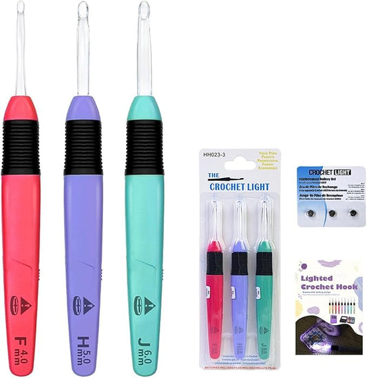 lewhoo 3 size lighted crochet hook set, illuminated crochet hooks with replacement battery, led set with case for crocheters 4.0mm, 5.0mm, 6.0mm