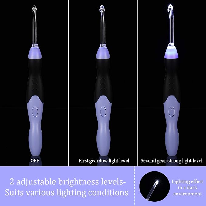 Chuangdi 11 Sizes Lighted Crochet Hooks Set Rechargeable Crochet Hook Light up Hooks with Case, Interchangeable Heads 2.5 mm to 8 mm for DIY Craft Supplies(Purple-Black)