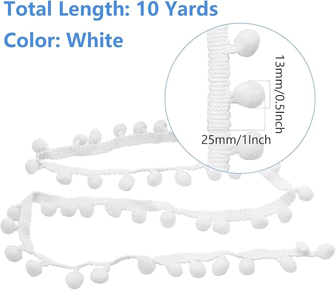 Homiest 10 Yards Pom Pom Trim for Sewing, 1 Inch Wide White Ribbon Bundles Textured Fabric Fringe Ribbon, 13mm Ball Pompom Trim for DIY Crafts Curtain Clothes Pillow Home Decoration