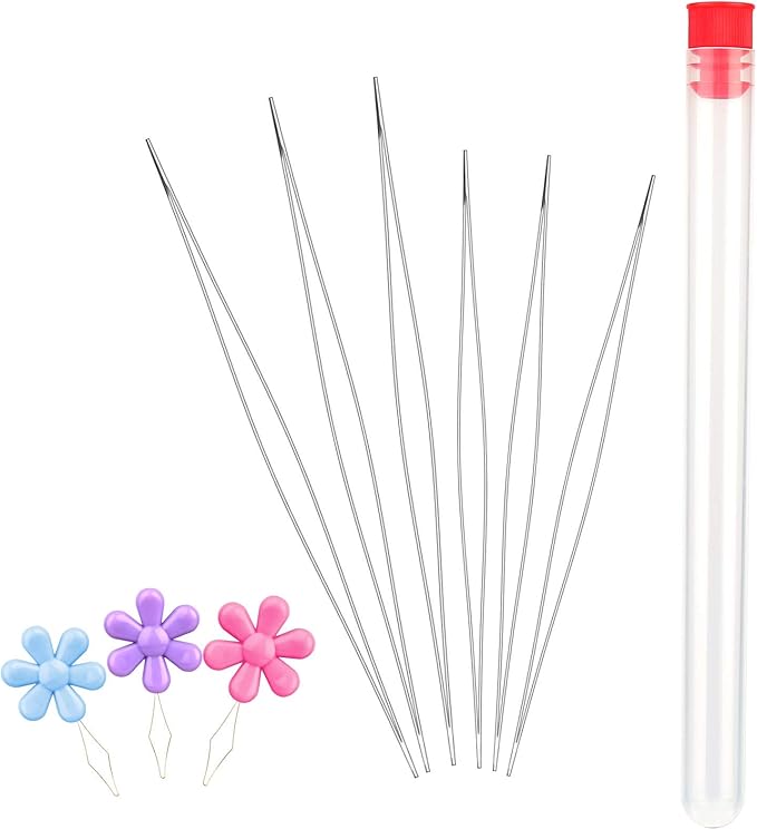 6 Pieces Beading Needles, 2 Sizes Collapsible Eye Needles for Beading with Needle Bottle and 3 Pcs Bead Needle Threader for Jewelry Making (4.52inch+5.03inch)