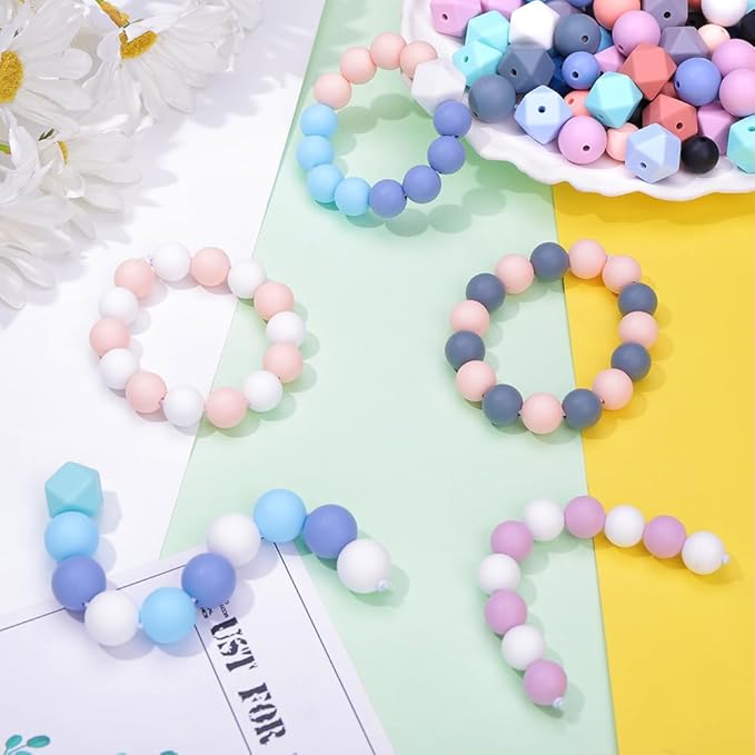 121 PCS Silicone Beads for Keychain Making Kit,12mm 15mm Round 14mm Polygonal Rubber Beads Multicolor Bulk Silicone Loose Beads for DIY Necklace Bracelet Jewelry Making Supplies