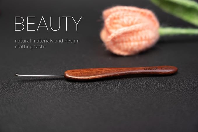 SEVENSUN Mimosa 2.5mm Single Crochet Hook, Available in 0.6mm-6.5mm, Ergonomic Hand Polished Stainless Steel Inline Pointy Wood Handle Crochet Hook for Arthritic Hands, Mother's Day Gifts for Mom
