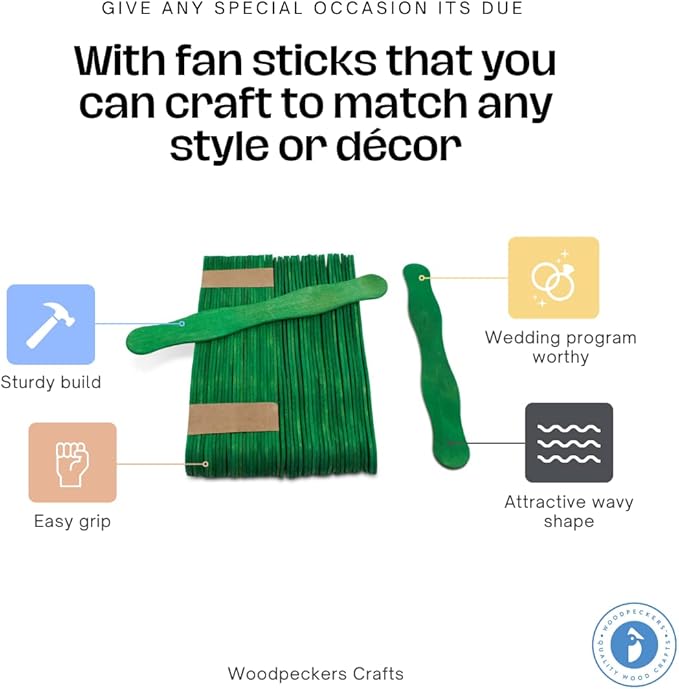 Wooden Green 8" Fan Handles, Wedding Programs, Paint Mixing, Pack 200, Jumbo Craft Popsicle Sticks for Auction Bid Paddles, Wooden Wavy Flat Stems for Any DIY Crafting Supplies Kit, by Woodpeckers