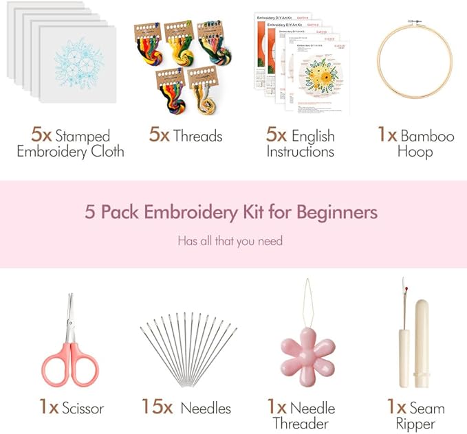 4 pack embroidery kit for beginners adults diy starter kit, cross stitch kits with flower stamped patterns, embroidery hoop, tools,colorful threads,step by step instructions,hand craft lover gift