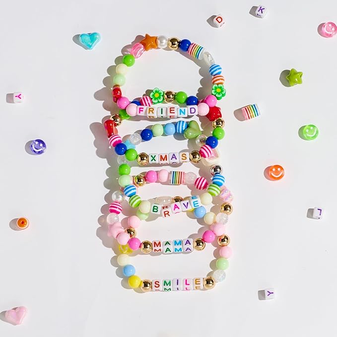 bead bracelet making kit-600pcs beads for friendship bracelet making kit multicolor bead letter alphabet stars heart ojo pony beads for diy necklace jewelry accessories christmas gift for kids girls