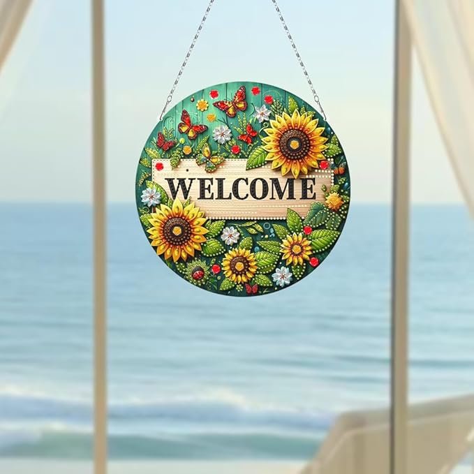 POETRYDRAW DIY Hanging Diamond Art Pendant Kit Welcome Sunflower, Special Crystal Diamonds Painting Ornament for Adults, 5D Diamond Art Suncatchers Double Sided Board Gem Painting Box Kit