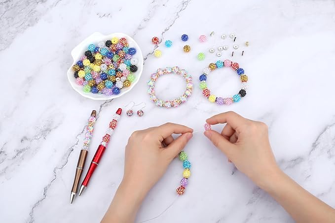 LAIDANLA Mixed 10 Colors 250pcs 12mm Rhinestone Beads and 8mm Rondelle Spacer Beads for Beaded Pens, Shiny Shamballa Disco Ball Bead for Pens DIY Jewelry Making Bracelet Necklace Earring
