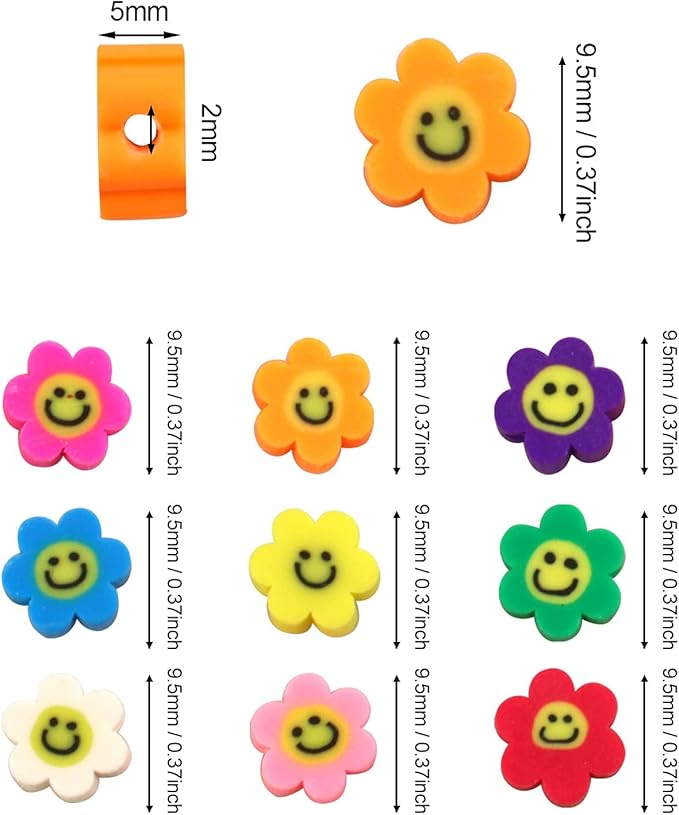 200 PCS Colorful Sun Flowers Beads 10mm Mixed Polymer Clay Smiley Face Beads for DIY Bracelet Necklace Earrings