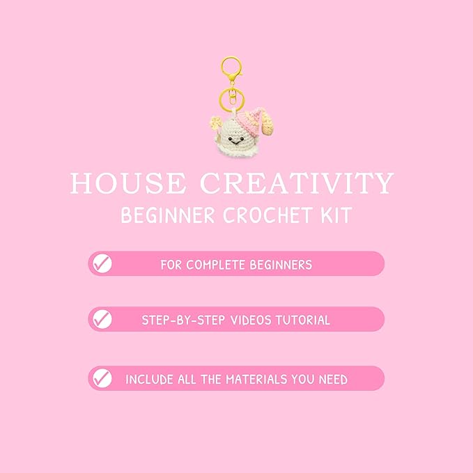 HOUSE CREATIVITY Beginner Crochet Kit for Adults, Beginners Crocheting Knitting Kit with Yarn Sets, Step-by-Step Video Tutorials,Animal Craft Kit, Holiday Birthday Gifts(Keychain-3(p&w))