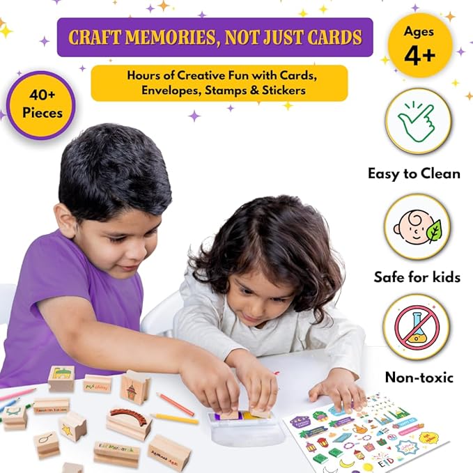 Ramadan & Eid Crafts Set with Stamps DIY Card-Making Kit for Kids 40 Pieces 11 Wooden Stamps, 12 Cards & Envelopes, 5 Pencils, Dual-Color Ink Pad, Ramadan Stickers-Islamic Gifts, Ramadan Decor