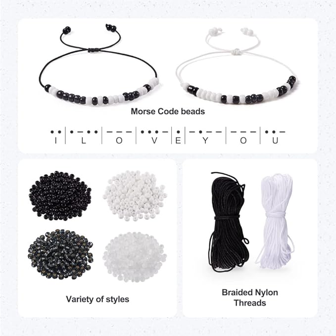 Pandahall Morse Code Bracelet Jewelry Making Kit Including 1170Pcs 4mm Round Glass Seed Beads 21.8 Yards 0.8mm Nylon Cord for Handmade Bracelet Necklace Jewelry Crafts