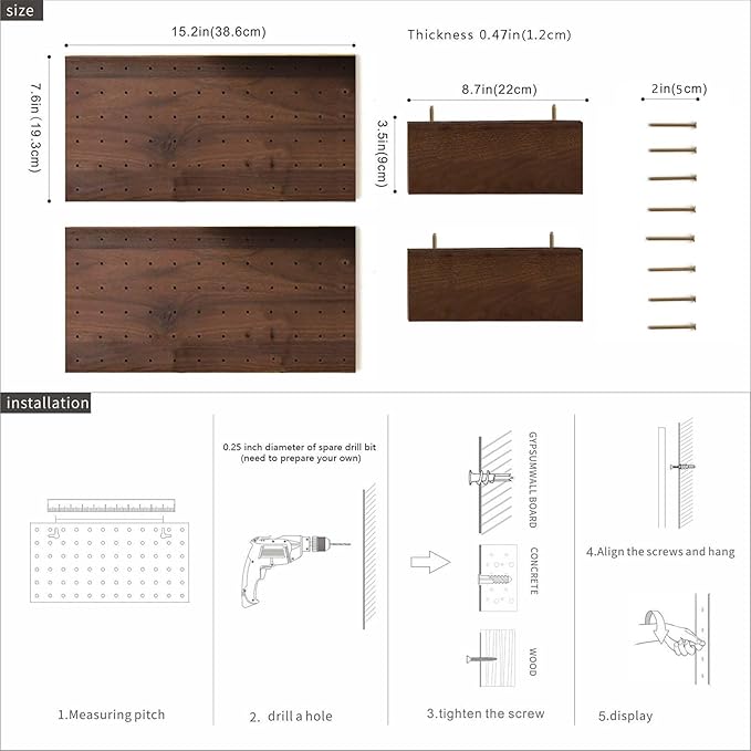 Wooden Pegboard Modular Display Organization Storage Wall Hooks Shelf 15.2in x 7.6in 2-Pack (Color:Walnut)