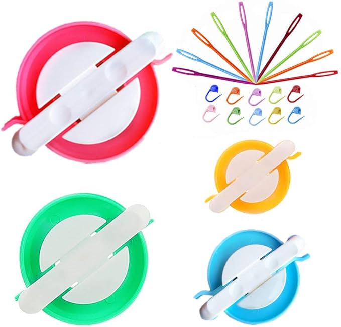 Pompom Maker Kits, Pom pom Knitting Loom Kit Fluff Ball Weaver Needle Craft DIY Knitting Crochet Craft Tool Kit, 4PS Pompom Maker+10PS Knitting Stitch Markers+10PS Plastic Needles (24)