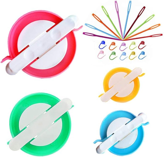 Pompom Maker Kits, Pom pom Knitting Loom Kit Fluff Ball Weaver Needle Craft DIY Knitting Crochet Craft Tool Kit, 4PS Pompom Maker+10PS Knitting Stitch Markers+10PS Plastic Needles (24)