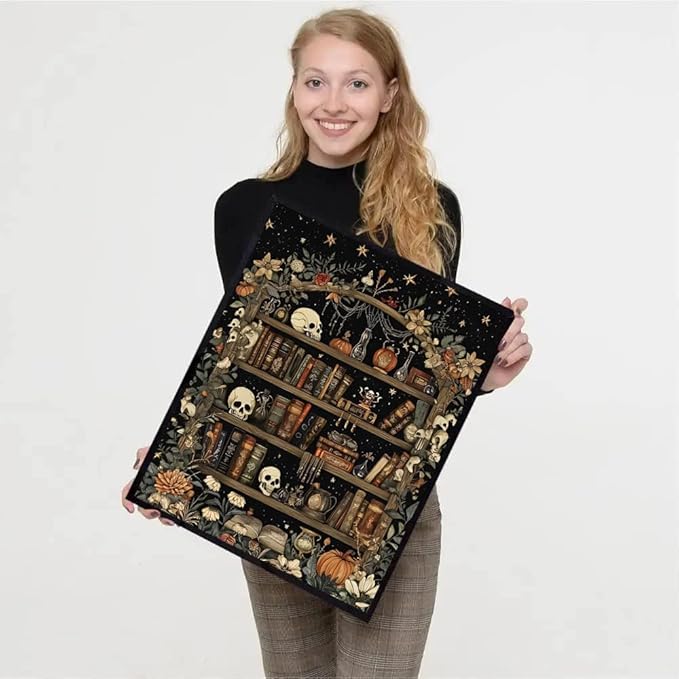 Bookshelf Stamped Cross Stitch Kits for Adults - Book Embroidery Kits for Beginners Adults,11 CT Patterns Dimensions Counted Cross Stitch Kits for Adults Arts Craft 12x16 inch