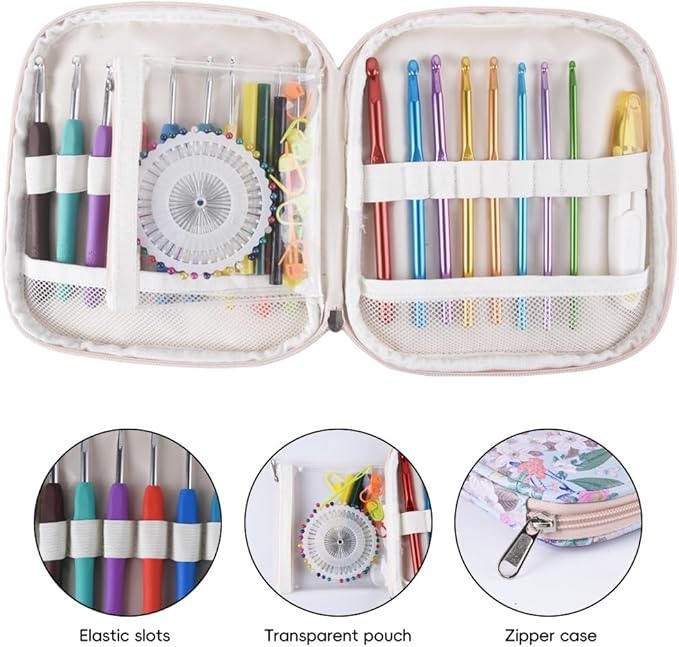 Crochet Hook Case,Portable Zipper Storage Organizer Bag for Crochet Hooks, Knitting Needles, Project & Sewing Supplies, Lightweight,Easy to Hold (No Accessories Included).Green White Flowers