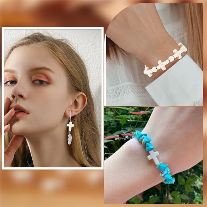SUNNYCLUE 1 Box About 40Pcs Cross Beads White Synthetic Turquoise Beads Bulk Easter Pocket Crosses in Bulk Mini Cross Charm Crucifix Spacers for Jewelry Making Beading Kit DIY Bracelet Supplies