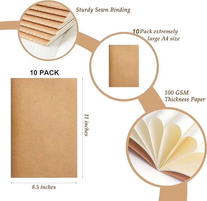 10 Pack Blank Kraft Notebooks, 60 Pages Journals Notebook Bulk, Unlined Composition Notebook for Kids, Student, Sketchbooks（A4, 8.5" x 11"