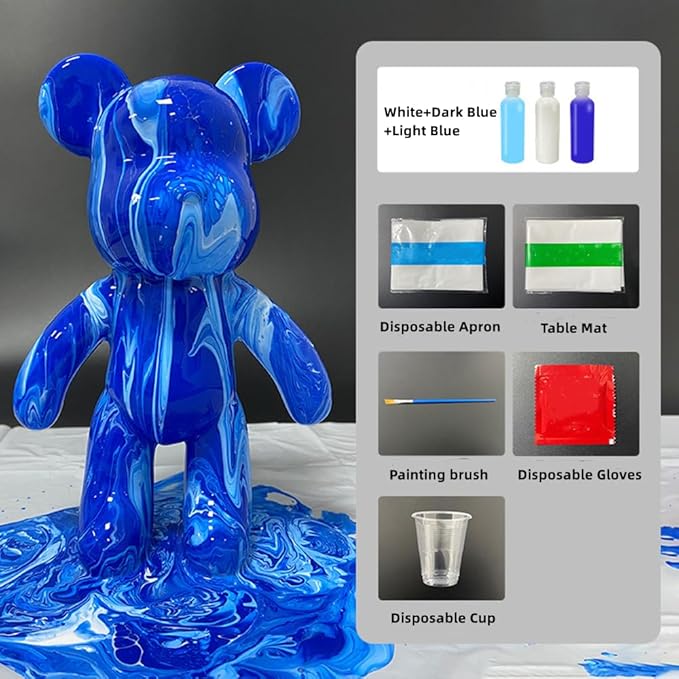 HANDA DIY Painting Fluid Bear Teddy Bear Violent Bear Gloomy Bear Painting Kit Set Creative Home Decorations Handmade Doll Figurine Toys Gift for Birthday Valentines (13.4 inch, Yellow+White+Blue)